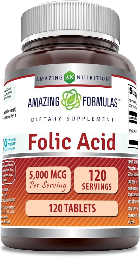 Amazing Formulas Folic Acid (Vitamin B9) Supplement | 5000 Mcg per Service | 120 Tablet | Non-GMO | Gluten-Free | Made in USA USA