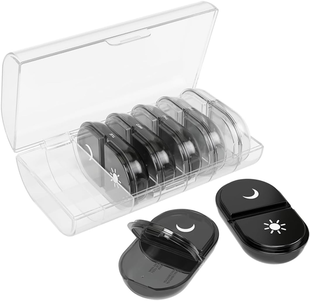 EZY DOSE Weekly (7-Day) Daily Individual AM/PM Pill Organizer with Case, Portable Medication Dispenser, Travel-Friendly Durable Pill Container, 2X Day Compartments for Vitamins and Supplements, Black