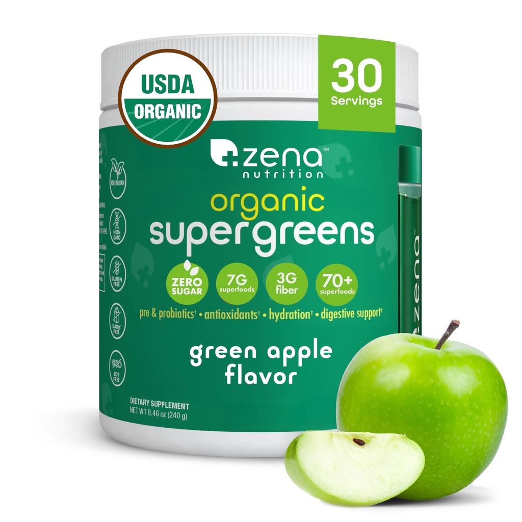 Zena Nutrition Organic Super Greens Powder, 70+ Superfoods, 0 Ζάχαρη, 3G Fiber, Spirulina, Chlorella, Αντιοξειδωτικά, Προβιοτικά/Προβιοτικά, Digestive Enzymes, Green Apple, 30 Μερίδες