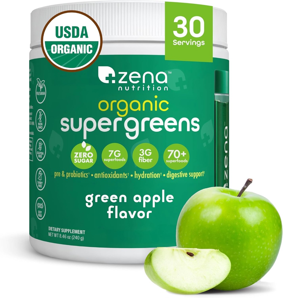 Zena Nutrition Organic Super Greens Toz, 70+ Superfoods, 0 Sugar, 3G Fiber, Spirulina, Chlorella, Antioksis, Prebiyotiks/Probiyotiks, Digestive Enzymes, Green Apple, 30 Hizmet