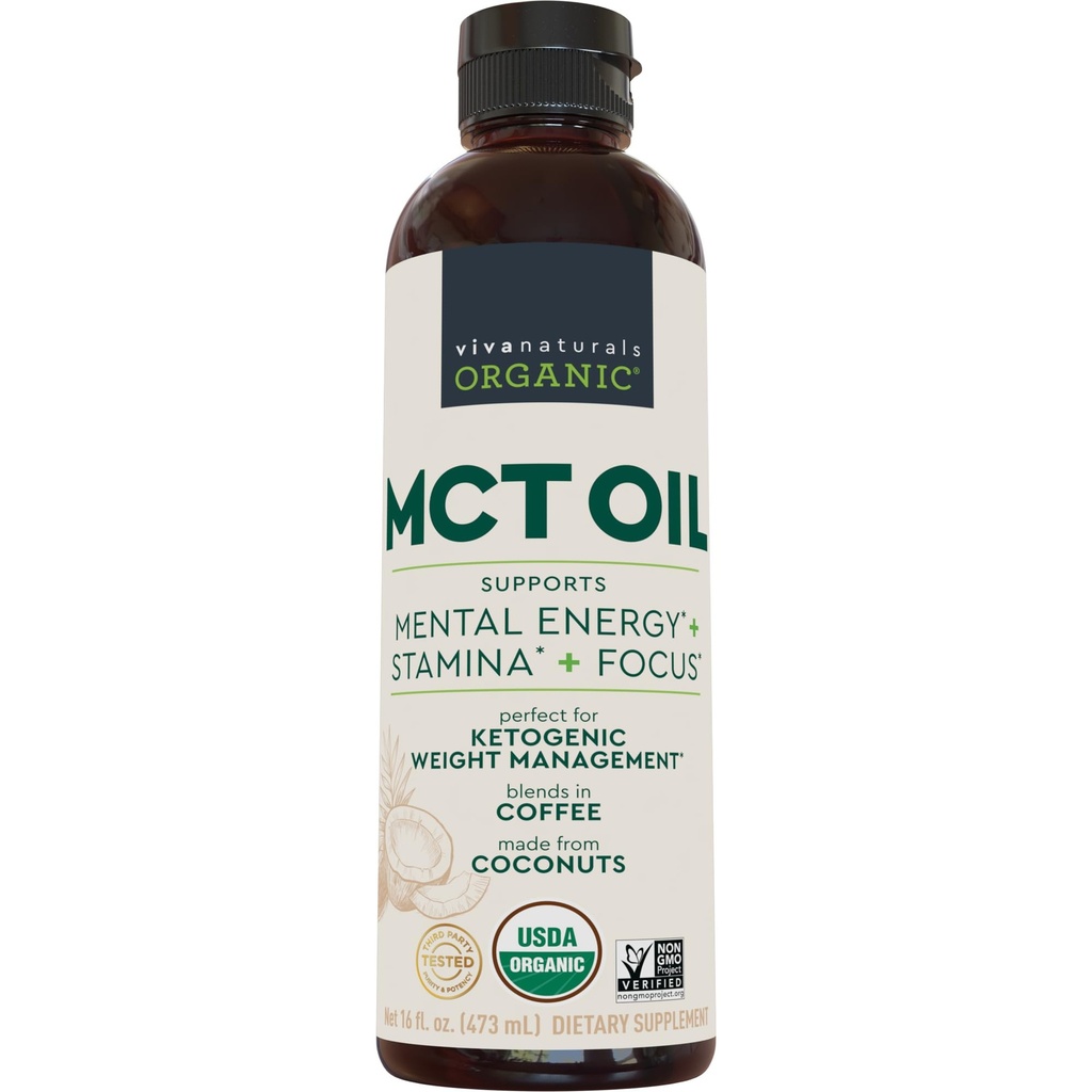 Viva Naturals Organik MCT Petrol, 16 fl oz - Kahve için MCT yağı, USDA Organik, Non-GMO, Paleo sertifikalı & Keto Friendly, Supports Energy & mental Clarity