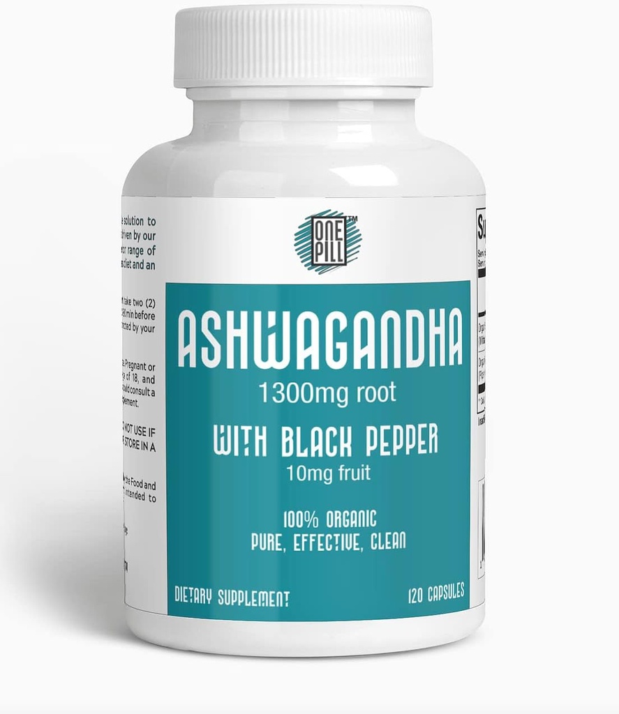 ASHWAGANDHA 1300 mg οργανικής ρίζας με μαύρο πιπέρι. Φυσικό άγχος και Mood συμπλήρωμα υποστήριξης 120 κάψουλες