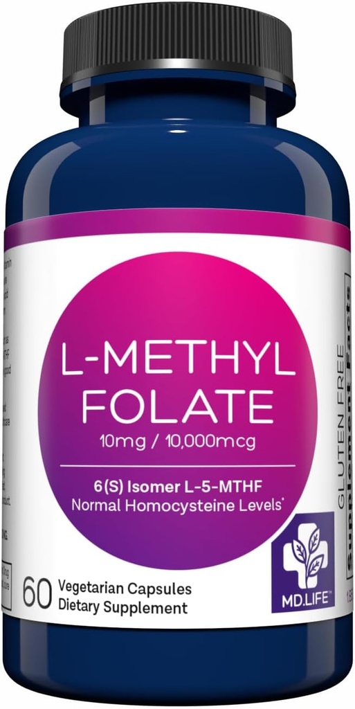 MD Life L-Methylfolate 10 mg Supplement - Profesyonel-Grade Active L Torchfolate Supplement - 60 Capsules - L-Methylfolate 10 mg - maksimum Potency MTHFR W / Essentials