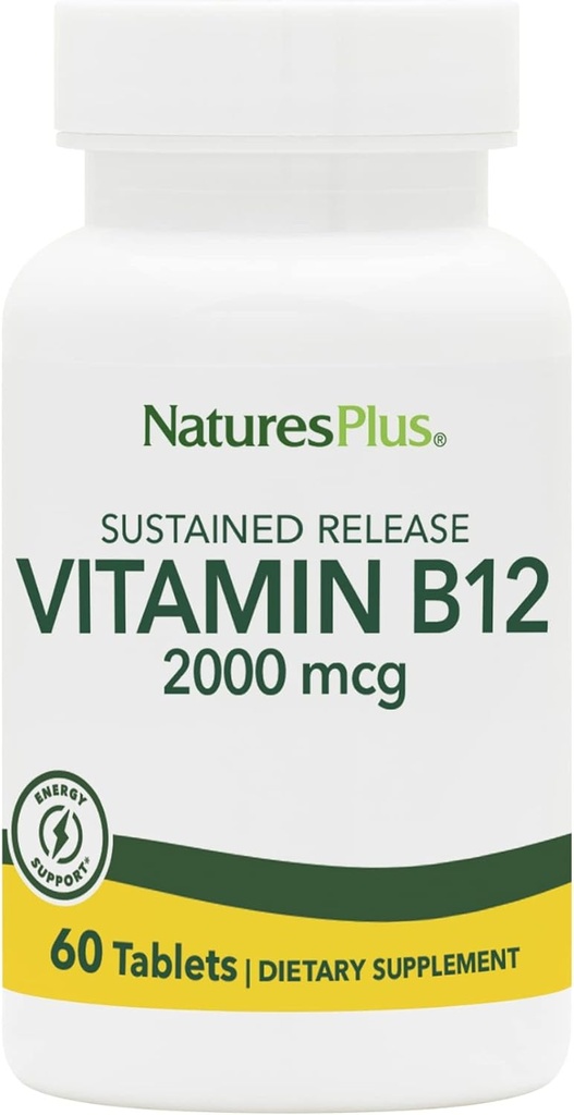 Natures Plus Vitamin B12 (Methylcobalamin), Sustained release - 2000 mcg, 60 Vejetaryen Tabletler - Yüksek Potency Red Blood Hücre Desteği - Doğal Enerji ATM - Gluten-Free - 60 Hizmetler
