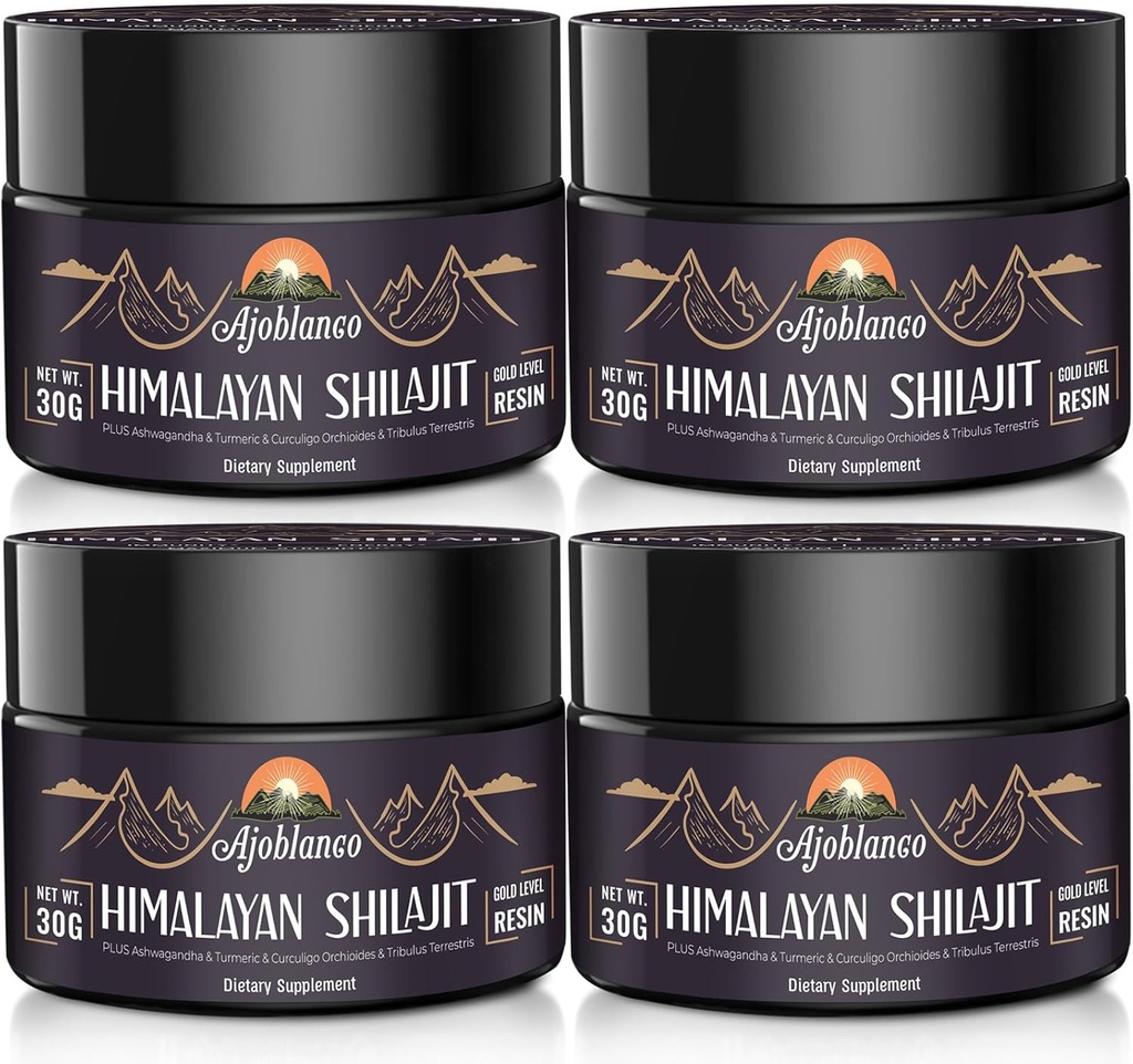 Ajoblanco 600 mg Doğal Himalaya Organik Shilajit Giyim - Himalaya Altın Shilajit İmalatı Enerji, Güçlü ve Immunity, 4 Paket