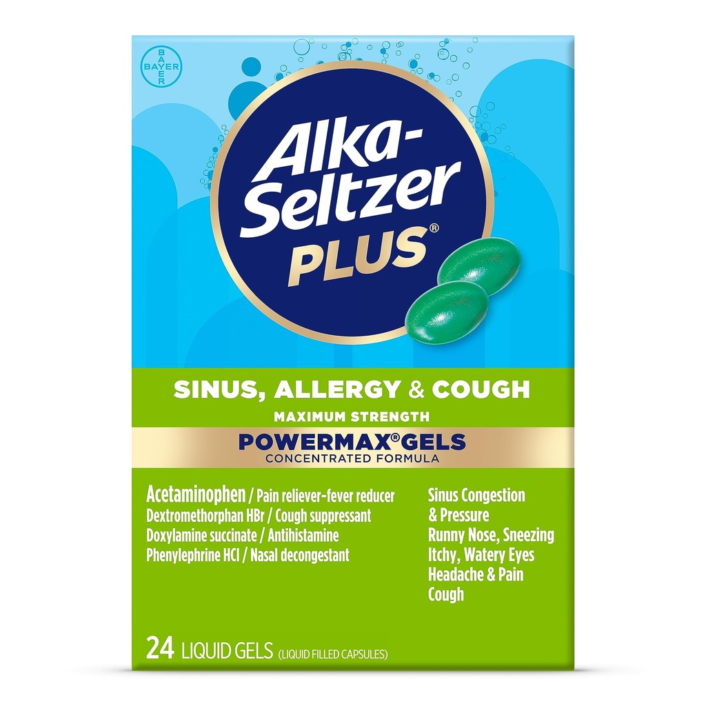 Alka-Seltzer Plus Maksimum Güçlü Güç Max Sinus, Yetişkinler ve Çocuklar için Tıp 12 Yıl ve Yaşlı - Relieves Allergies, Colds veya Hay, 24 Count