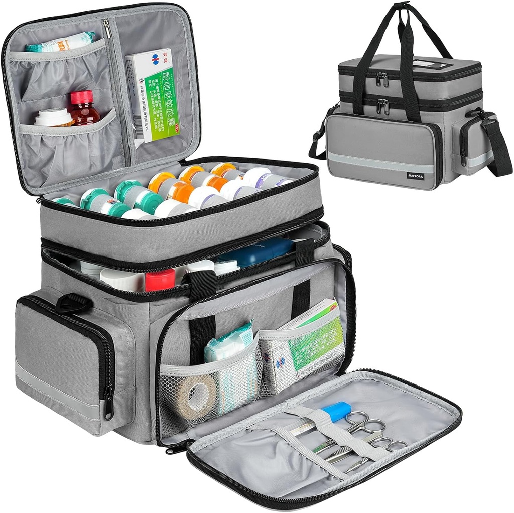 Büyük Pillter Şişe Organizer, Çift Katmanlar Tıp Depolama Bag, Lockable Surfaces ve Omuzlu Ütülü, Prescription Şişes, Vitamins & Medical Materials, Gray (Bag Only)