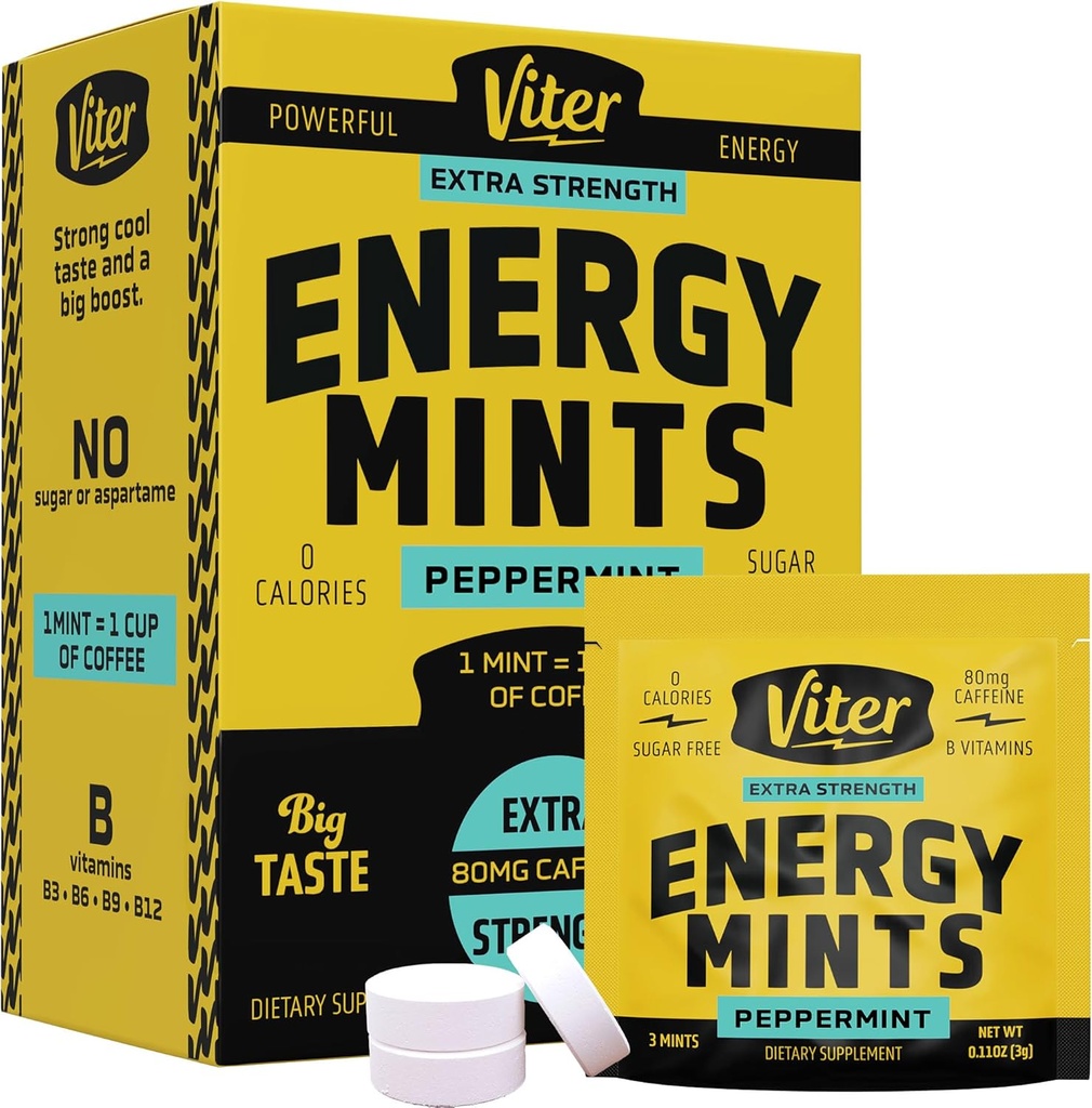 Viter Energy Caffeine Mints 80mg Ekstra Güç - 90 Adet B Vitaminleri ile Caffeinated. Sugar Free Vegan Breath Mint. Energize Nootropic Focus Alert for Fast Alertness (Peppermint Flavor, 30 Pack)