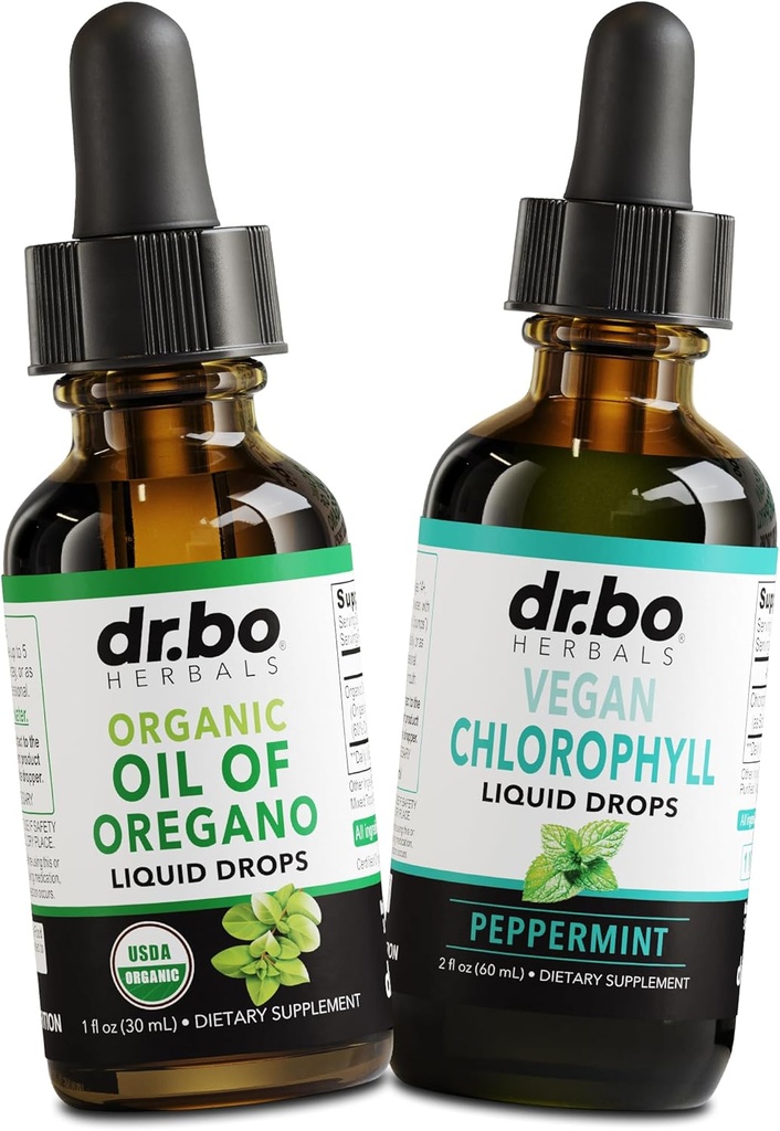 Organic Liquid Drops & Chlorophyl - Λάδι από Ρίγανο Drops Tintcture Extract & Vegan Chlorophyl Liquid Body Detox Cleanse Immune Support - Digestive Gut Health Odor Cleanse Supplement