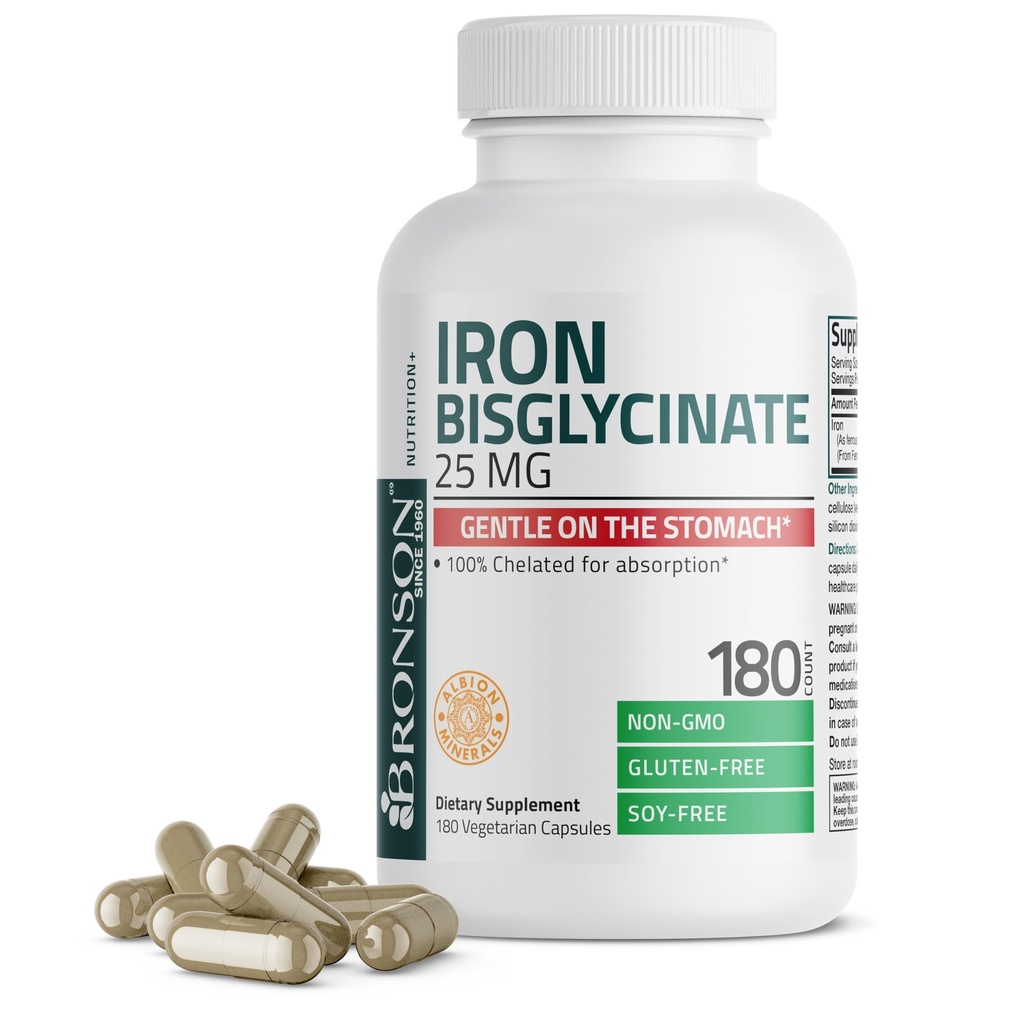 Bronson Demir Bisglycinate 25 mg Stomach, Destekler Enerji ve Sağlıklı Kızıl Kan Hücre Üretimi - Non-Constipating Formula - Non GMO, 180 Vegetarian Capsules