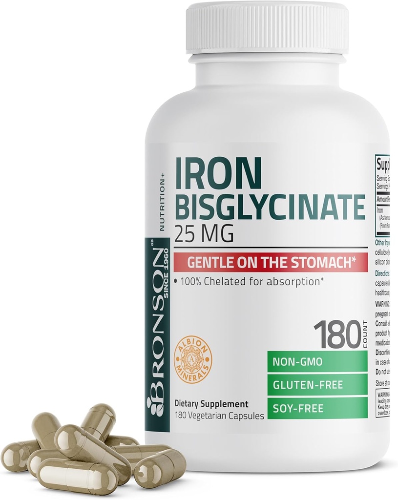 Bronson Demir Bisglycinate 25 mg Stomach, Destekler Enerji ve Sağlıklı Kızıl Kan Hücre Üretimi - Non-Constipating Formula - Non GMO, 180 Vegetarian Capsules