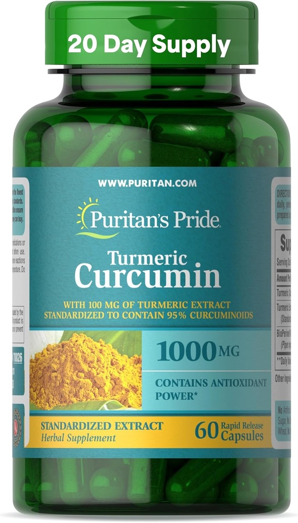 Puritan's Pride Turmeric Curcumin 1000 mg, 95 Cucuminoids'e ayak uydurulmuş, Antioksi Health için Herbal Diyetsel Supplement, 60 Radpid Release Capsules