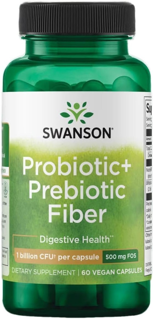 Swanson Prebiyotik + Probiyotik Fiber - Doğal Supplement Digestive System & Immune Health Support - Aids Regularity & GI Tract Health - (60 Capsules, 500 Milyon CFU Her)