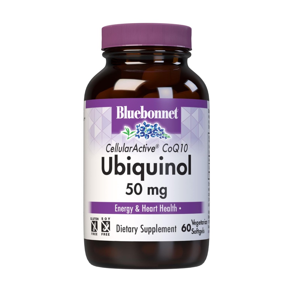 Bluebonnet Beslenme Hücreleri Aktif CoQ10 Ubiquinol 50 mg Vegetarian Softgels, Heart Health & Cellular Health, Ubiquinol from Kaneka, Non GMO, Gluten Free, Soy Free, Milk Free, 60 Vegetarian Softgels
