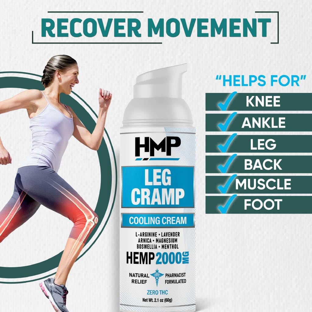 Leg Cramp Support 2000mg Hemp Cream Maximum Strength Relief for Legs Calf, Diz, Foot Magnezyum Arginine Lavender Menthol ABD Doğal Formula 2.1oz