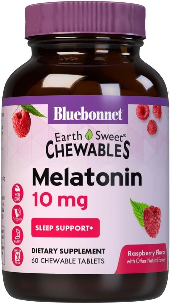 BlueBonnet Nutrition EarthSweet Melatonin 10 mg Fast-Acting Quick Dissolve Nighttime Relaxation & Restful Sleep Support - Sleep Aid - Gluten-Free, Vegan - Raspberry Flavor - 60 Chewable Tablets