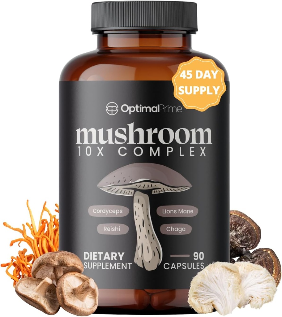 Optimal Prime 10x Mushroom Complex Supplement - Lions Mane, Cordyceps, Turkey Tail for Immunity, Energy, Mood, Focus - Natural Health Booster, 90 Caps