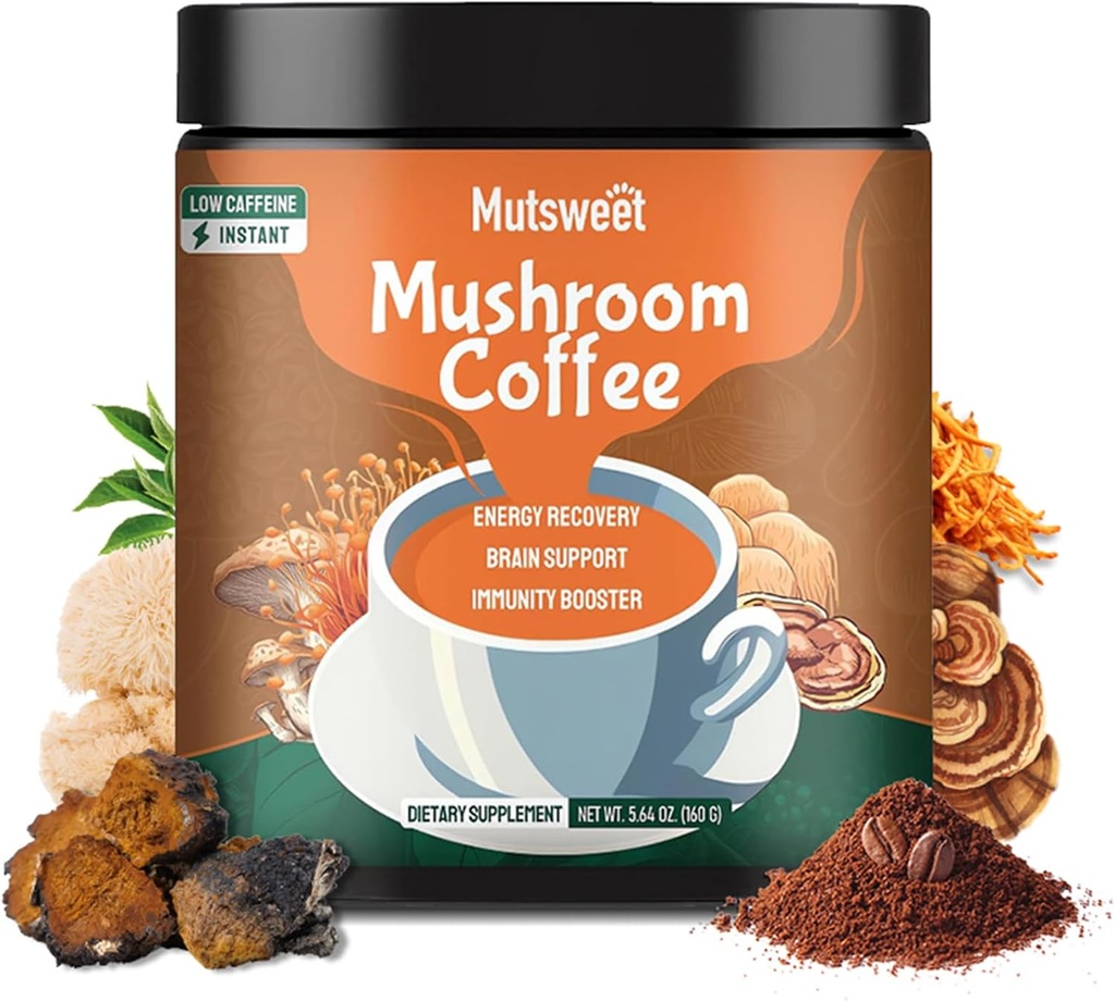 Mushroom Coffee Decaf, Advanced 13 in 1 Mushroom Powder with Lions Mane, Cordyceps, Chaga, Reishi, Instant Coffee Mushroom Supplement with Adaptogens Rhodiola for Immune, Focus, Energy 
