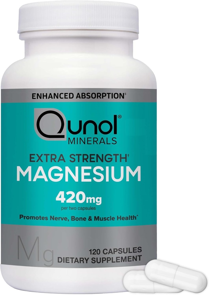 Κάψουλες μαγνησίου Qunol 420mg, συμπλήρωμα μαγνησίου υψηλής απορρόφησης, επιπλέον δύναμη, συμπλήρωμα υγείας οστών και μυών, 120 Count