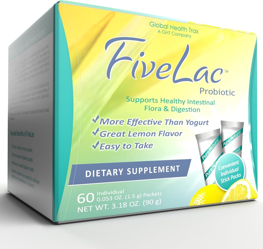 Global Health Trax GHT - FiveLac Lemon Probiotic Powder Drink Mix, Probiotics για γυναίκες, άνδρες, παιδιά - Smooth Digestive Υποστήριξη & Αποβολή – Relieve Constipation & Gas - 60 Packets, 3,18 Oz, Non-GMO