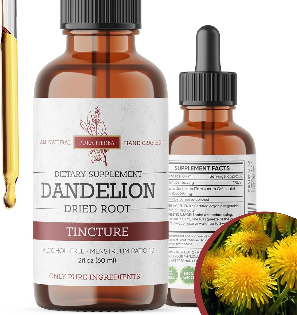 Dandelion Root Tincture 2 oz - Alkol Özgür Herbal Ekstraksiyonu - Hizmet başına 670 mg - Glycerin-Based, Vegan, Non-GMO, No Ek Olmayan Şeker - Dandelion Drops Sıvı Supplement