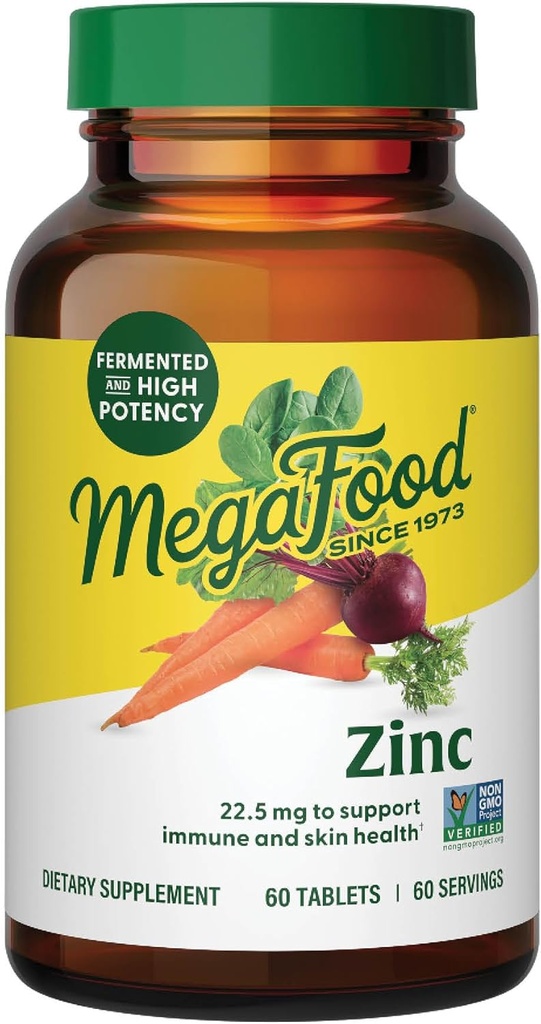 MegaFood çinko Supplements - Vegan Immune Support Supplement with 22.5 mg High Potency Fermented Bora - Gerçek Gıda ile Yap - Gluten-Free, Kosher - 60 Tablet, 60 Hizmet