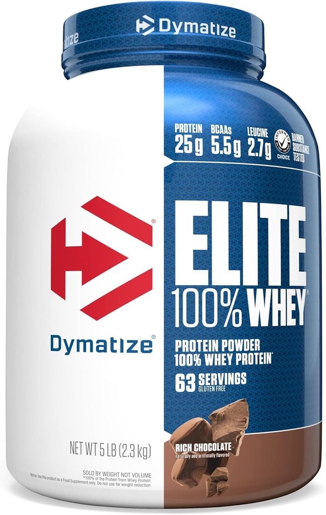 Dymatize Elite 100% Whey Protein Powder, 25g Protein, 5.5g BCAAs & 2.7 L-Leucine, Quick Absorbing & Fast Digesting for Optimal Muscle Recovery, Rich Chocolate, 5 Pound (63 Servings)