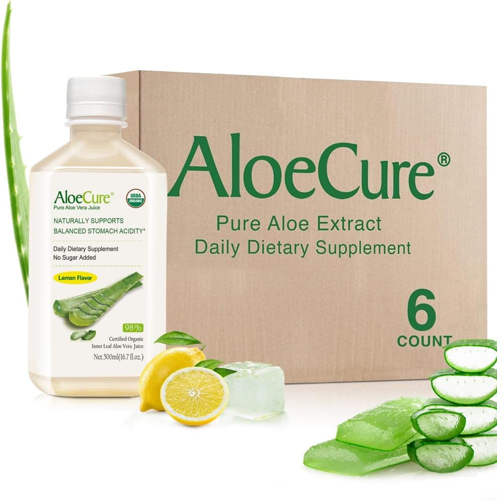 AloeCure USDA Organic Aloe Vera Juice Lemon Flavor - Κατασκευάζεται μέσα σε 12 ώρες από τη συγκομιδή - Φυσικό συμπλήρωμα πέψης για την ισορροπημένη οξύτητα στομάχου - Υποστήριξη Digestive και ανοσοποιητική υγεία, 6 Btls x 16.7oz