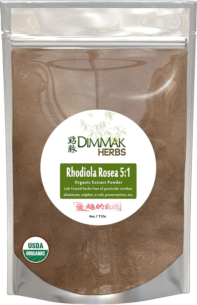 Organic Rhodiola Rosea Powder Extract 5:1 4 Ounce | Hong Jing Tian Concentrate | Lab Tested Extract Powder 112 Gram Resealable Bag add to Water or Smoothie by Dimmak Herbs