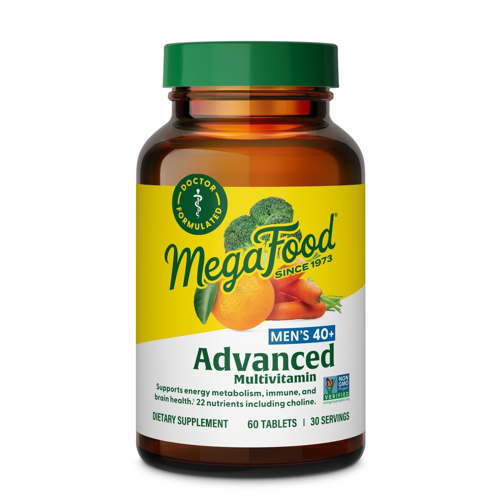 MegaFood Men's 40+ Advanced Multivitamin for Men - Dr-Formated - Choline, B, Vitamin C, Vitamin D, çinko & Real Food - Brain Health, Immune Support - Vegetarian - 60 Tabs (30 hizmet)