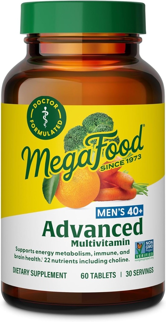 MegaFood Men's 40+ Advanced Multivitamin for Men - Dr-Formated - Choline, B, Vitamin C, Vitamin D, çinko & Real Food - Brain Health, Immune Support - Vegetarian - 60 Tabs (30 hizmet)