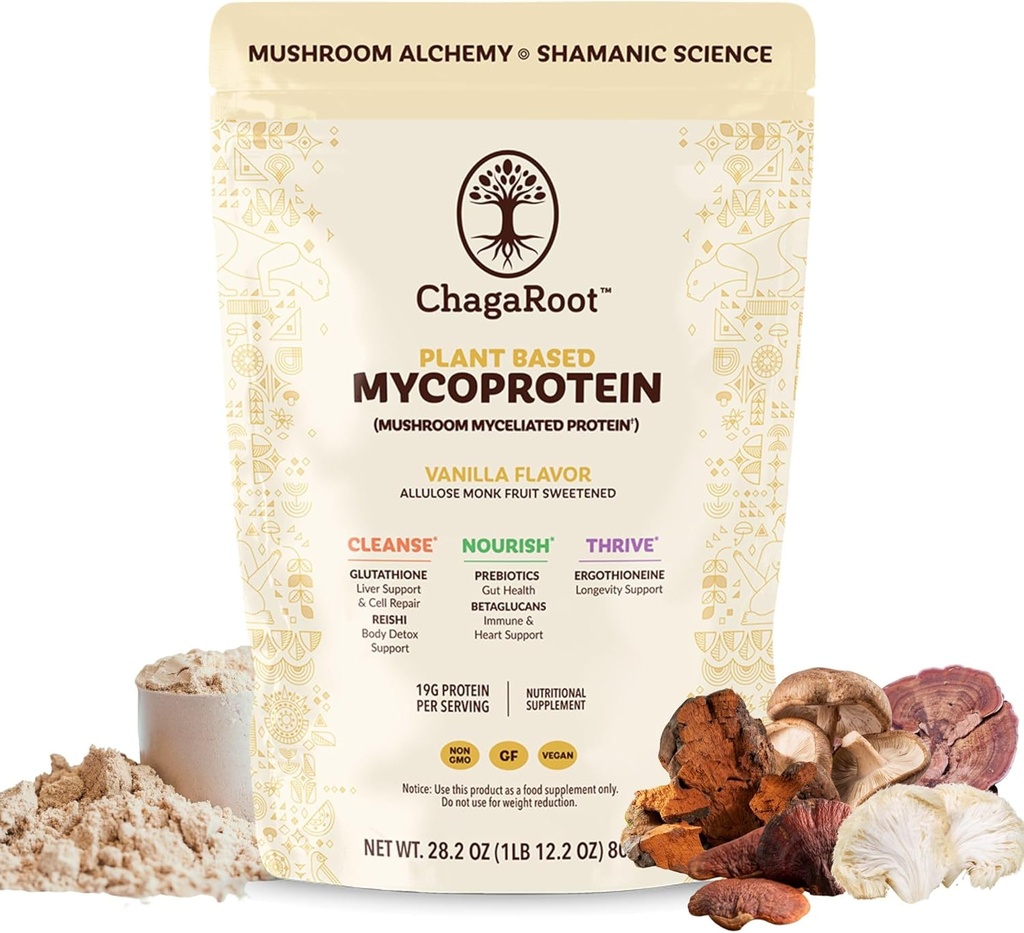 Mycoprotein Mushroom Protein Toz - Vegan Protein, Bitki bazlı, Superfood, Master Mix of Chaga, Reishi, Türkiye Tail, Shiitake, Lions Mane - Vanilla (1.76 lb)