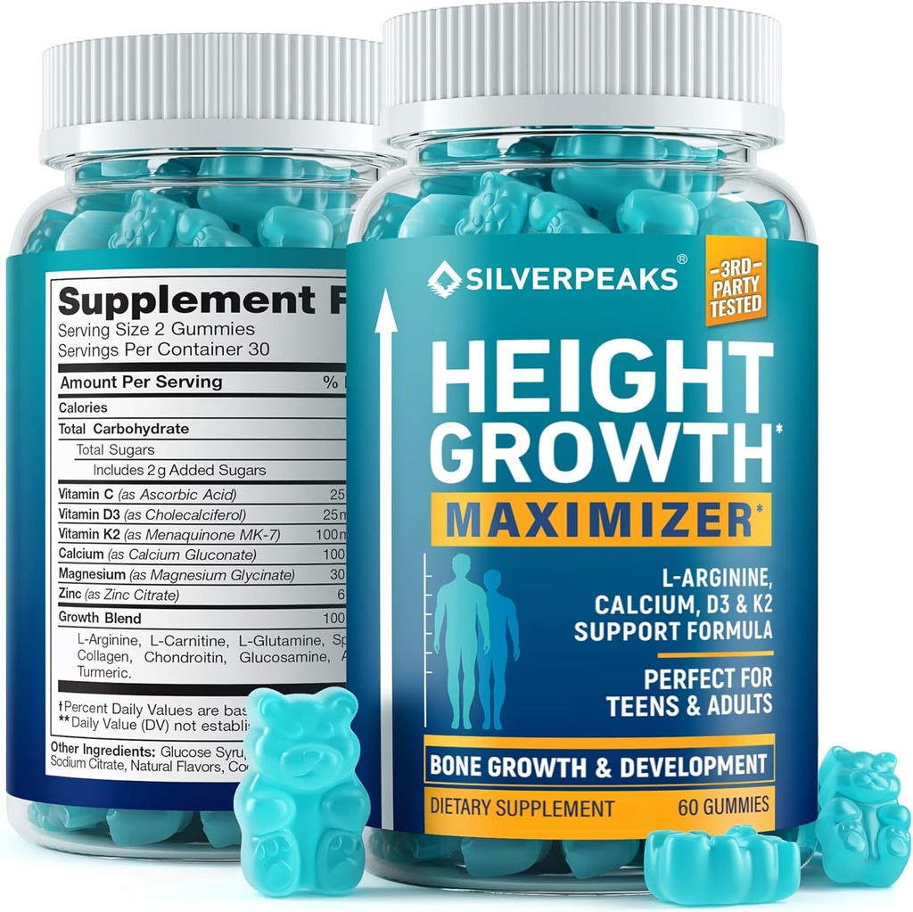 SILVERPEAKS Growth Gummies Ύψος για παιδιά, εφήβους & ενήλικες, συμπλήρωμα υποστήριξης φυσικής ανάπτυξης με ασβέστιο, βιταμίνη D3, K2, μαγνήσιο, ψευδάργυρος & Περισσότερα, συμπλήρωμα μεγιστοποίησης φυσικής αύξησης ύψους, 60 PCS