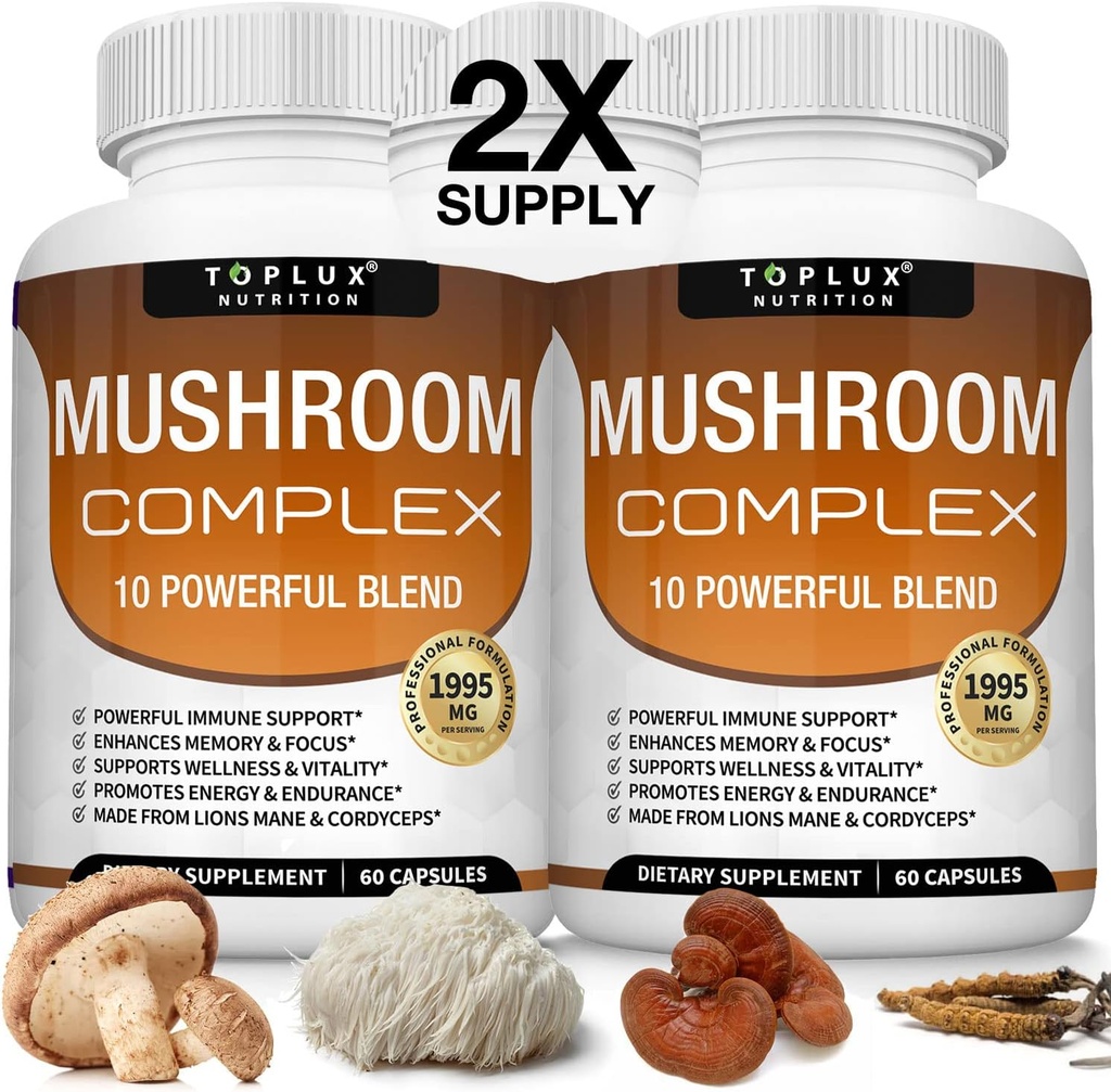 Bulkx Mushroom Supplement Lions Mane & Cordyceps Reishi Chaga 10 Organik Mushroom Mix Immune System, Memory, Focus & Clarity ve Enerjiyi artırmak, Erkekler için 60 Capsules