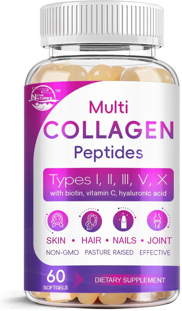 Multi Collagen Peptides Softgel - Type I, II, III, V, X - Hydrolyzed Collagen Peptides με Βιοτίνη, Βιταμίνη C, Υαλουρονικό Οξύ, Υποστηρίζει Δερμάτινο καρφί μαλλιών, Grass-Fed, Non-GMO, 60 Softgel, 1 συσκευασία