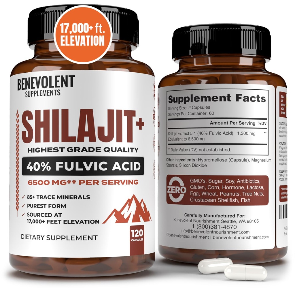 6.500 mg Shilajit Supplement with 40 Fulvic Acid (High Abxia) | Shilajit Mineral Supplement with 85+ Trace Minerals for Energy, Performance & Immune Health - 120 Capsules