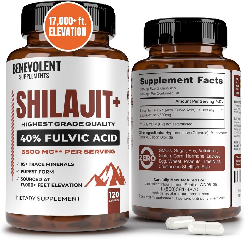 6.500 mg Shilajit Supplement with 40 Fulvic Acid (High Abxia) | Shilajit Mineral Supplement with 85+ Trace Minerals for Energy, Performance & Immune Health - 120 Capsules
