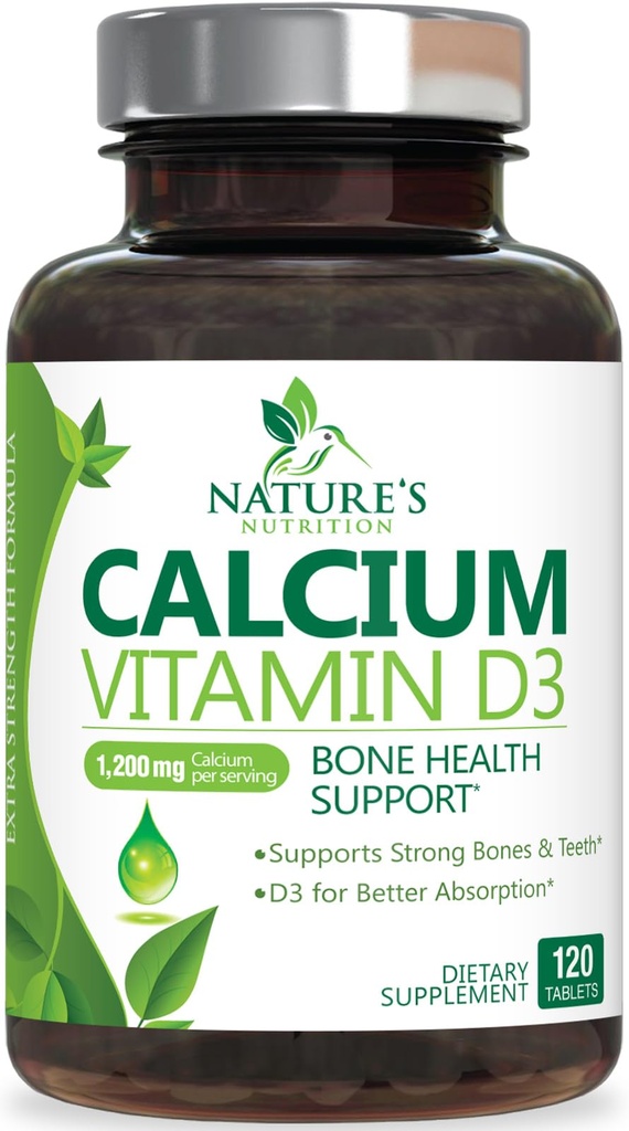 Kalsiyum Supplement 1200 mg - En İyi Apsiyon için D3 ile - Immune Health, Bones & Teeth - Nature'selli Carbonate + 1600 IU of D3 - ABD'de Kadınlar ve Erkekler için Şişelenmiş - 120 Tablet