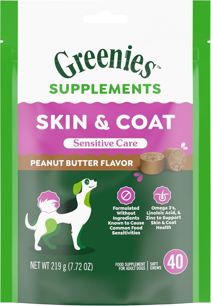 Greenies Sensitive Care Skin and Coat Supplement for Dogs with Fish Oil for Dogs Chicken-Free Formula Dog Supplement, Φυστικοβούτυρο Γεύσης, 40-Count Soft Chews