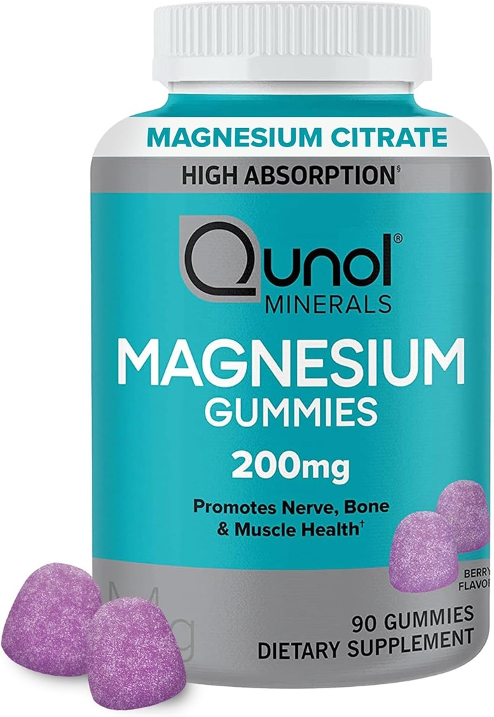 Yetişkinler için Qunol Magnezyum Gummies, 200 mg Elemental Magnezyum ( 1,750 mg Magnezyum Citrate), Yüksek Aborpsiyon Tamam, Destekler Nerve, Bone and Muscle Health, Vegetarian, 90 Count Count
