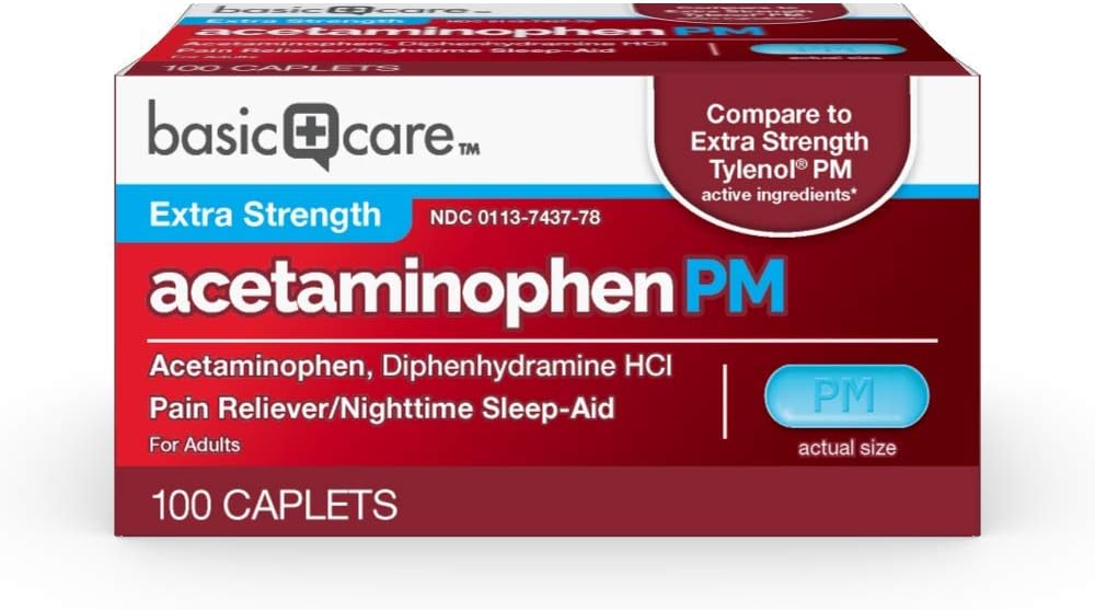 Temel Bakım Acetaminophen PM, Pain Reliever Plus Nighttime Sleep Aid Caplet, 100 Kont