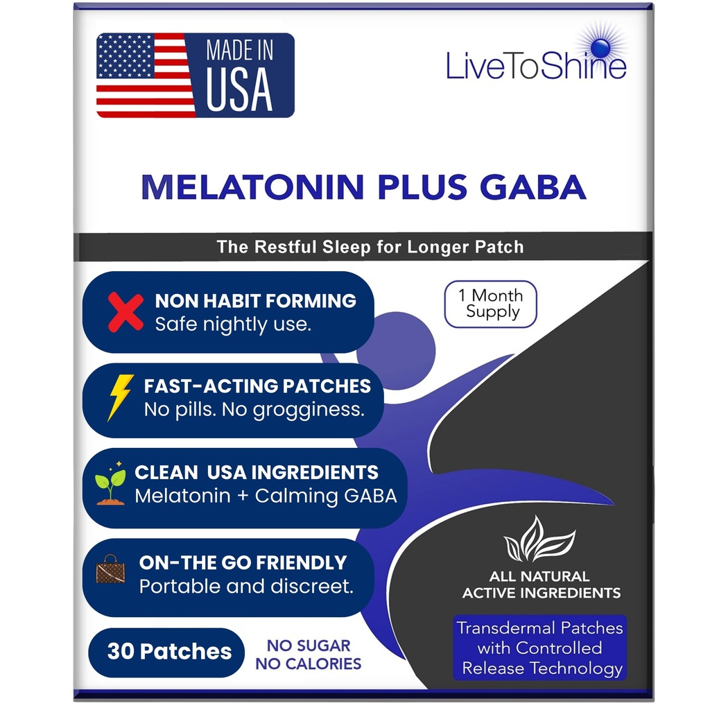 Live To Shine Melatonin Patches for Sleep - Plus GABA to Calm Busy Brains Fast - Τέλειο Combo for Men and Women - Slow Release - 30 Patches - USA Made