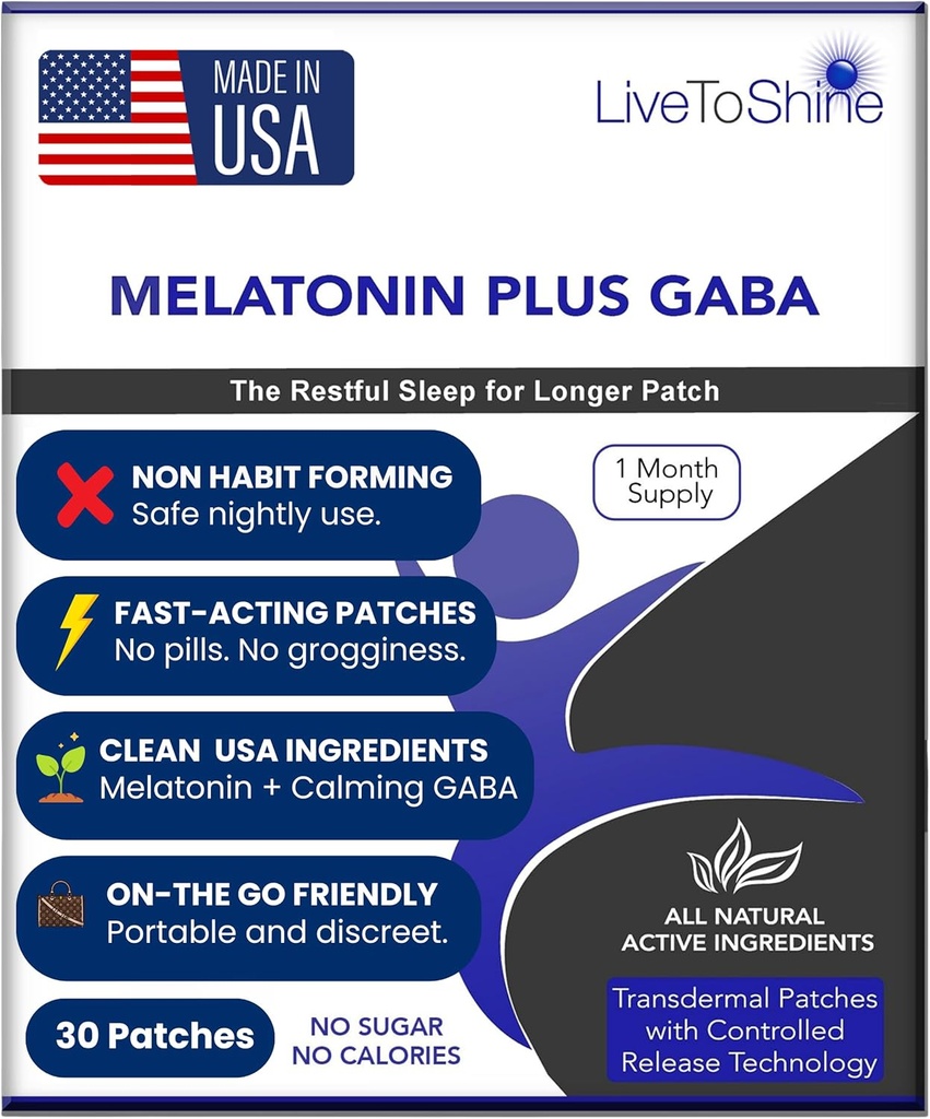 Uyku için Shine Melatonin Patches'e Yaşamak - Plus GABA'ya Calm Busy Beyinleri Hızlı - Erkekler ve Kadınlar için Mükemmel Combo - 30 Patches - ABD Made