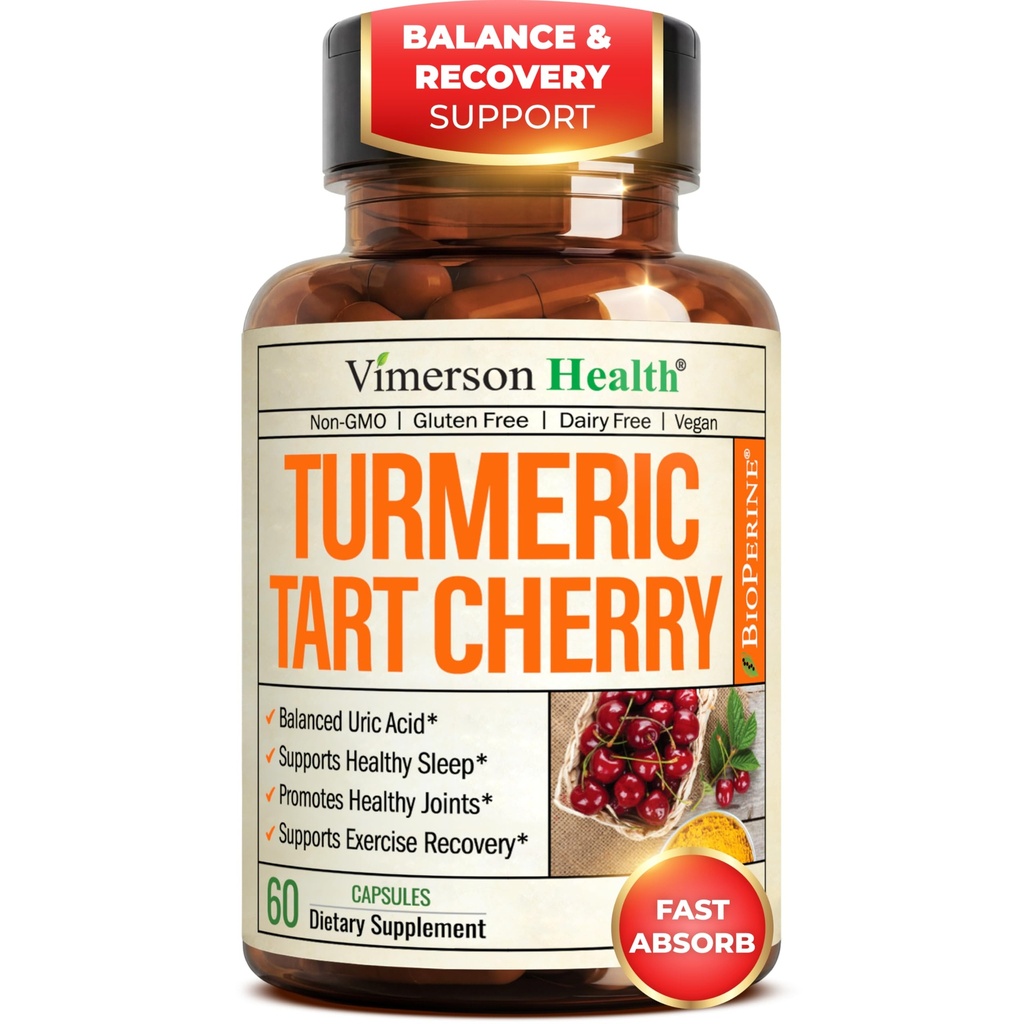 Turmeric Curcumin Supplement with 10:1 Tart Cherry Extract & Celery Seed Extract - Φυσική ισορροπία ουρικού οξέος, κοινή υγεία & βοήθεια ύπνου - Turmeric Curcumin with Black Pepper. 60 Tart Cherry Κάψουλες