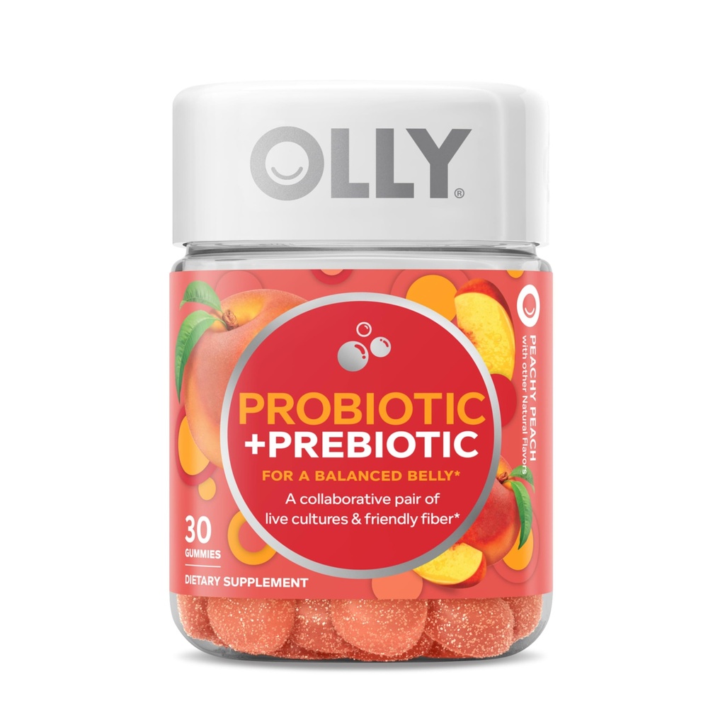OLLY Probiyotik + Prebiyotik Gummy, Digestive Support and Gut Health, 500 Milyon CFUs, Fiber, Yetişkin Chewable Supplement for Men and Women, Peach, 30 Day Supply - 30 Count