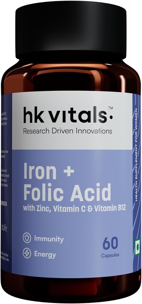 Research Driven Innovations Iron + Folic Acid ile çinko, C & Vitamin B12 Supplement (60 Capsules) | Destekler Kan Binası | Immunity and Energy Energy