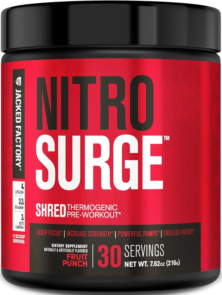 Racked Factory NITROSURGE Shred Pre Workout Supplement - Ενεργειακό Booster, Άμεση Ενίσχυση Κερδίζει, Sharp Focus, Ισχυρές Αντλίες - Nitric Oxide Booster & PreWorkout Powder - 30Sv, Fruit Punch
