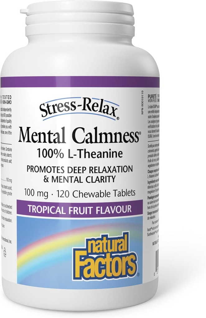 Stres-Relax Chewable Suntheanine L-Theanine 100 mg Tarafından Natural Factors, Non-Drowsy Stress Support for mental Calmness and Relaxation, Tropikal Meyve Flavor, 120 Tablet