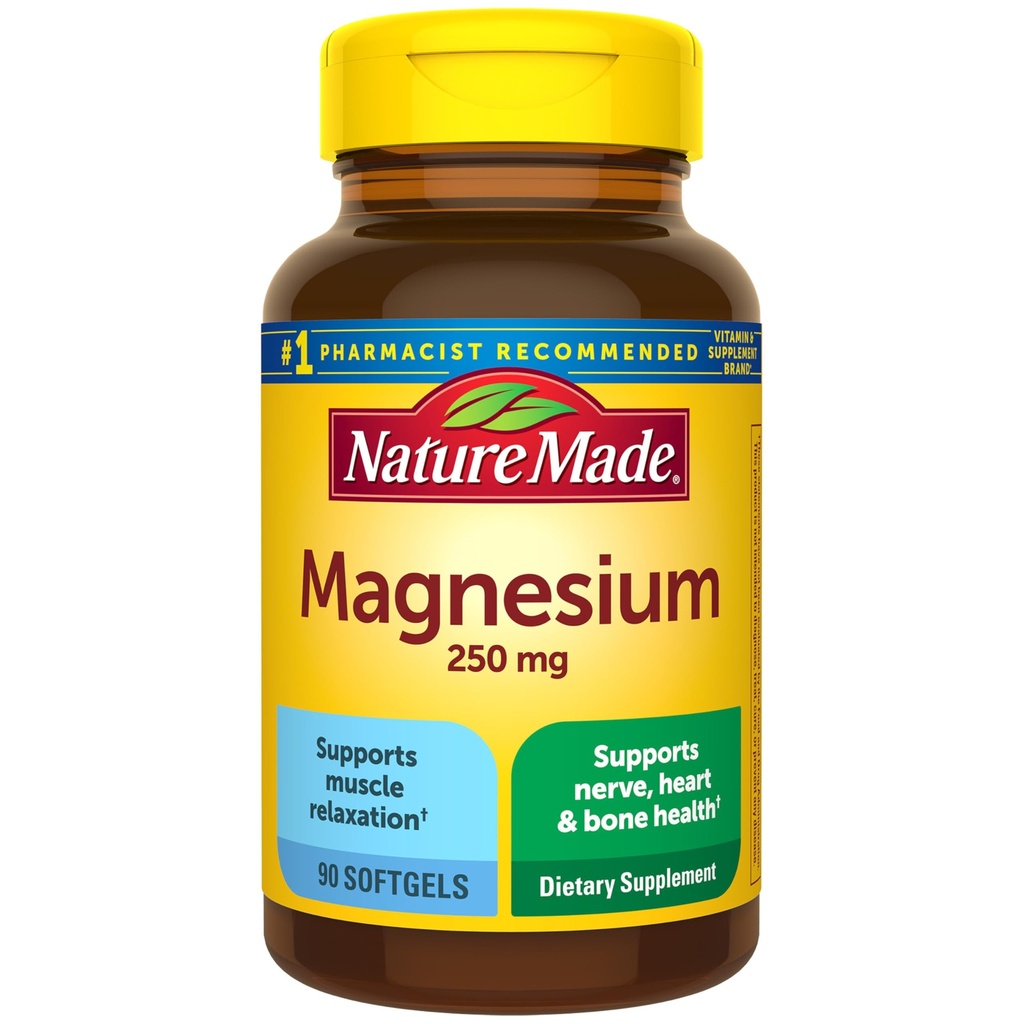 Nature Made Magnesium 250 mg, Συμπληρώματα Μαγνησίου για άνδρες και γυναίκες, Υποστήριξη για τους μυς, την καρδιά, τα οστά και τα νεύρα υγεία, 90 Softgels, 90 Ημέρα προσφοράς