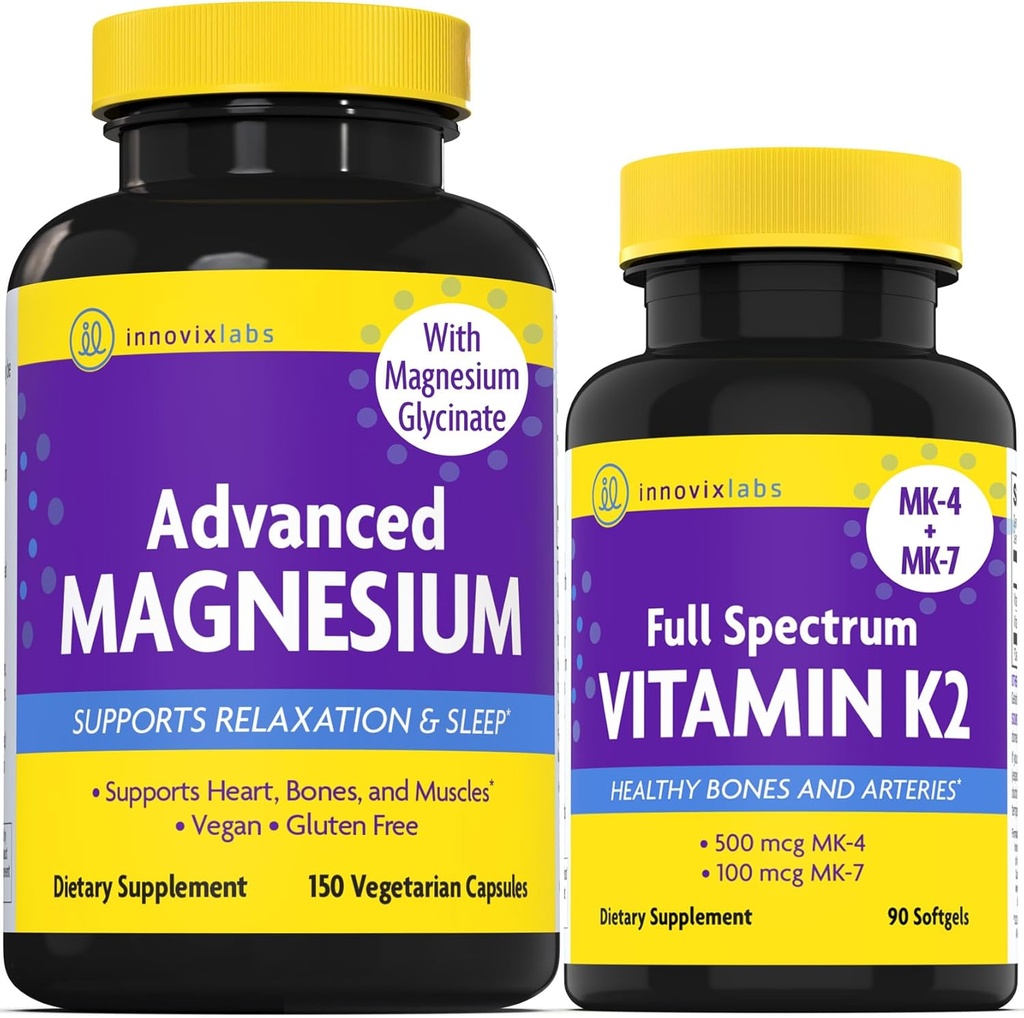 InnovixLabs Vitamin K2 & Sche Full Spectrum Vitamin K2 (90 softgels) Gelişmiş Magnezyum (150 Time-Release Capsules). Sağlıklı Bones & Arteries. *